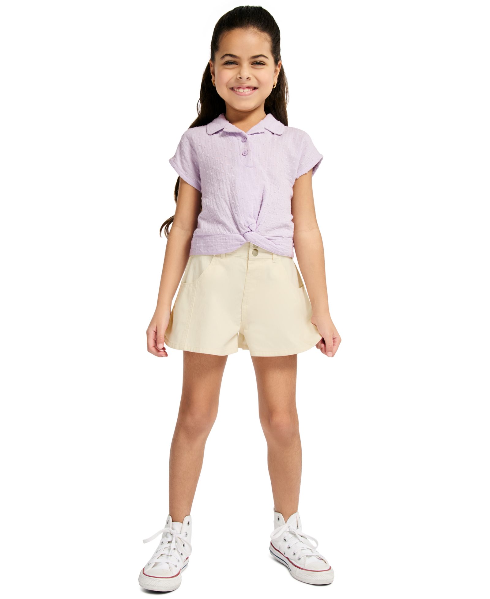 Calvin Klein Детский 2T-4T и 4-6X Dotted Crinkle Gauze Knot-Front Shirt и Twill Shorts, 2-Piece Set