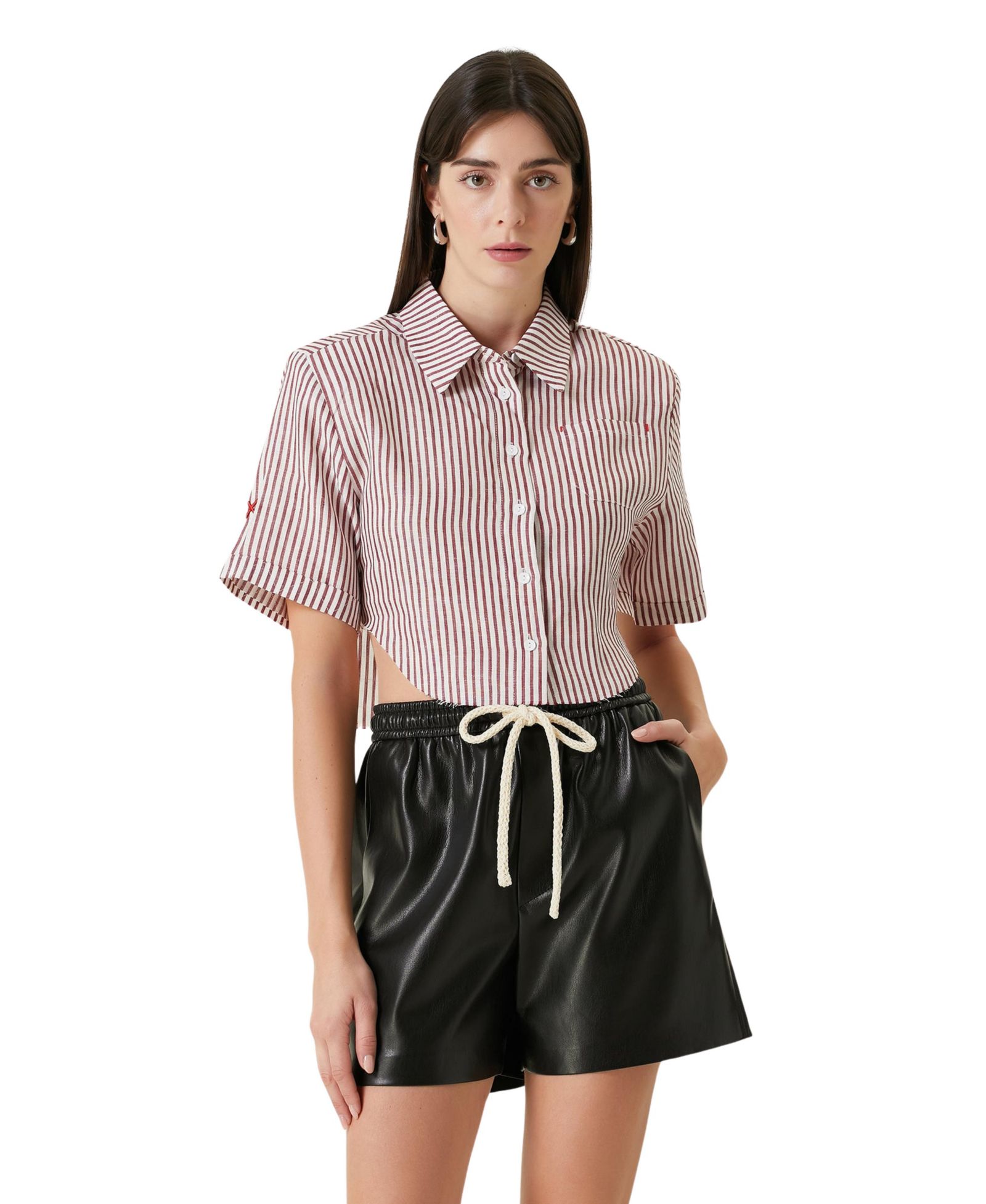 Женская льняная укороченная рубашка PCFG Red Striped