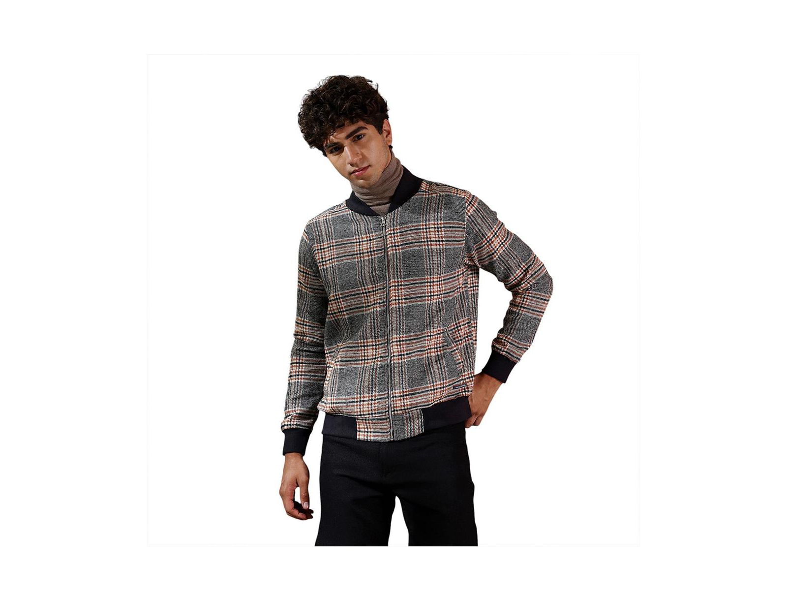 Campus Sutra Men's Midnight Black & Chocolate Brown Tartan-Plaid Bomber Jacket