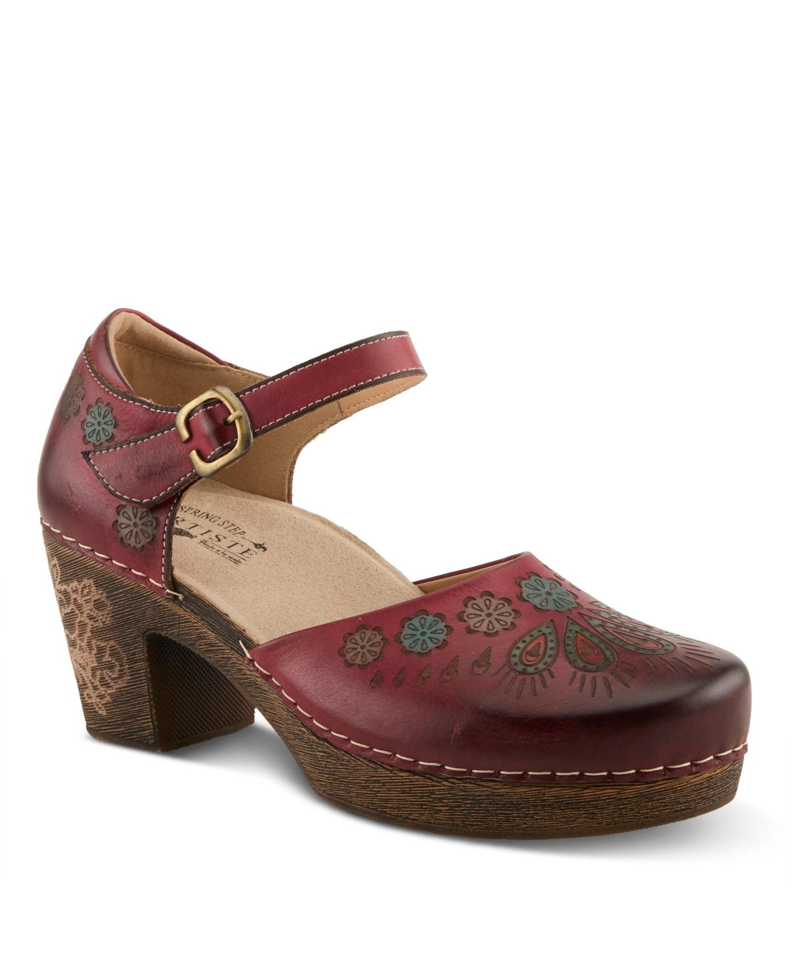 L'Artiste Women's Bridgitte Hand-Painted Mary Jane - Leather Floral Strap Heel With Arch Support
