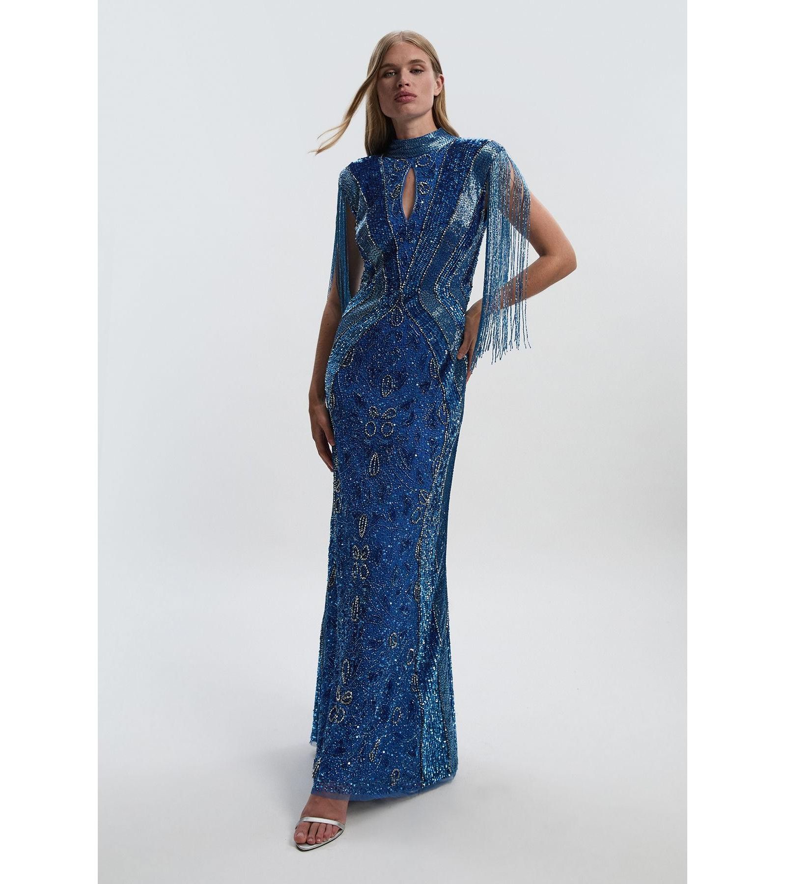 Karen Millen Women's Tassel Sleeve High Neck Maxi Dress