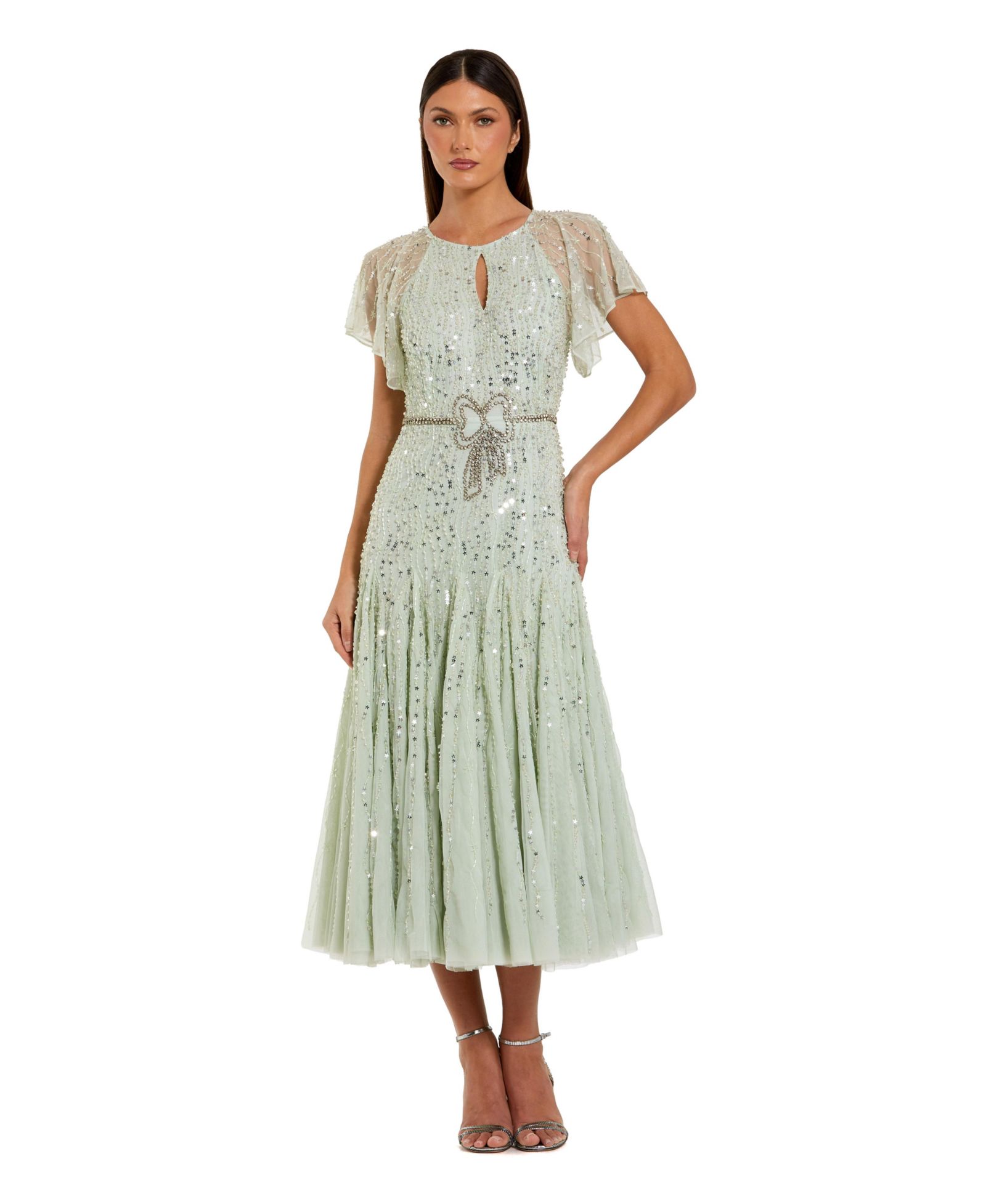 Миди-платье Mac Duggal Women's Enbellished Bow Flutter Sleeve A Line