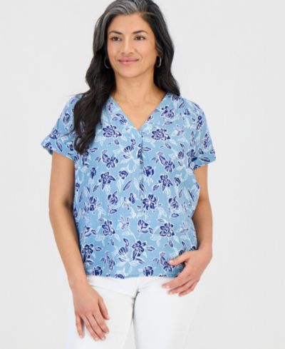 Style & Co Petite хлопковая блузка с V-образным вырезом и коротким рукавом