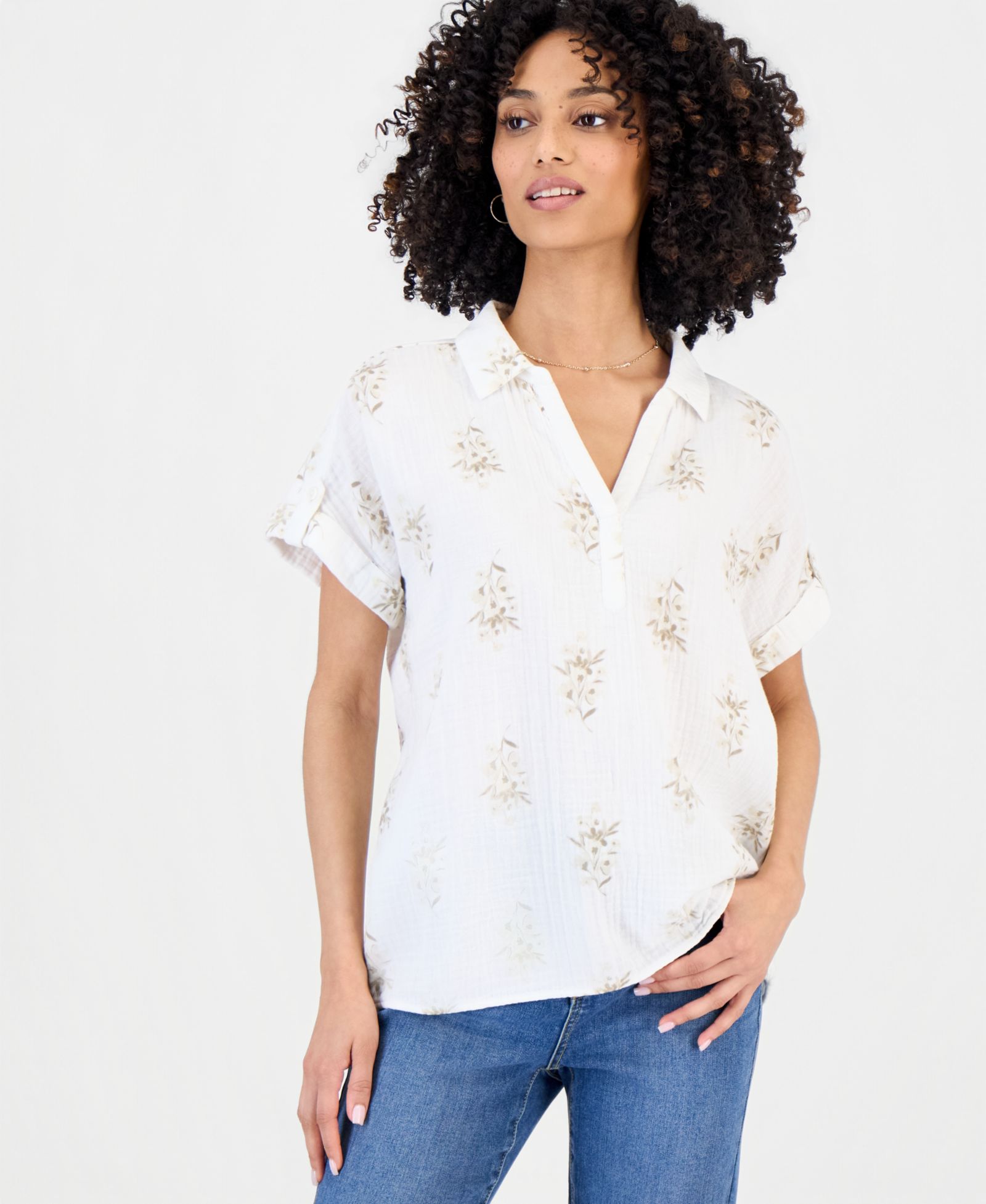 Style & Co Petite хлопковый узорчатый топ с воротником