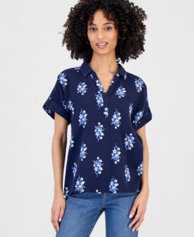Style & Co Petite хлопковый узорчатый топ с воротником