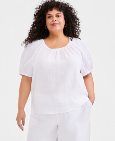 Женский топ Style & Co Plus Size из хлопкового газа с вырезом лодочкой и пышными рукавами