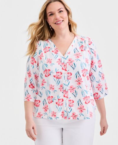 Блузка Style & Co Plus Size с принтом и рукавом 3/4 из смесового льна