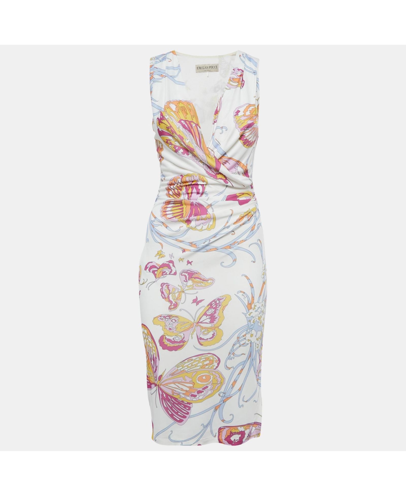 Pre-Owned Emilio Pucci Women's White Printed Jersey Draped Sleeveless Midi Dress