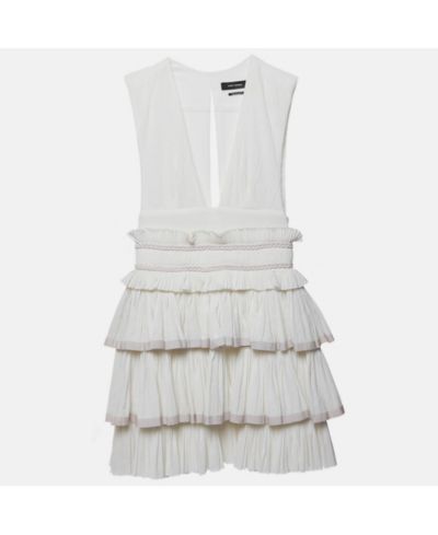 Женское белое хлопковое мини-платье Isabel Marant с V-образным вырезом и оборками