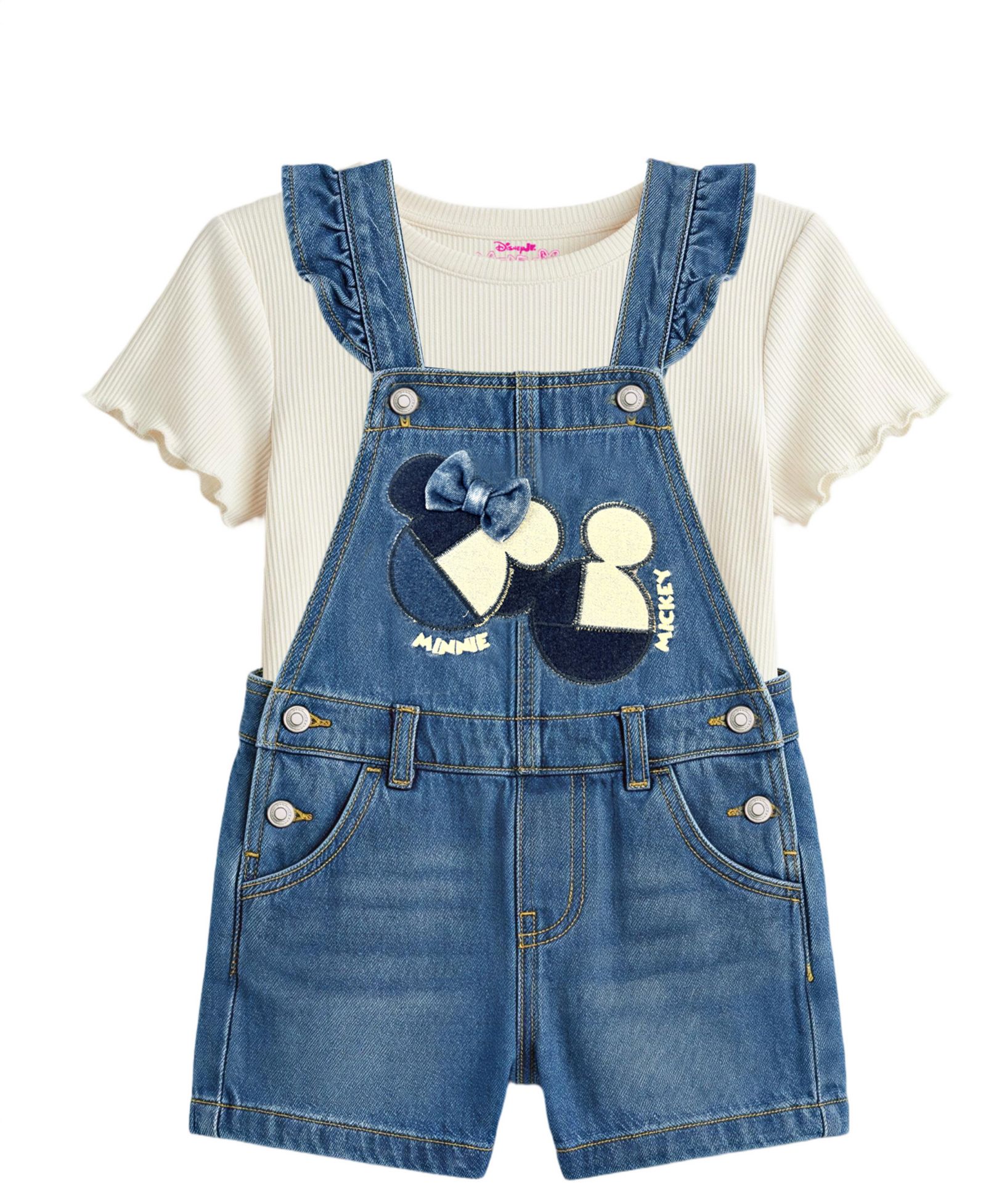 Disney Girls' 2T-6X Short-Sleeve T-Shirt and Minnie Denim Shortall, 2-Piece Set