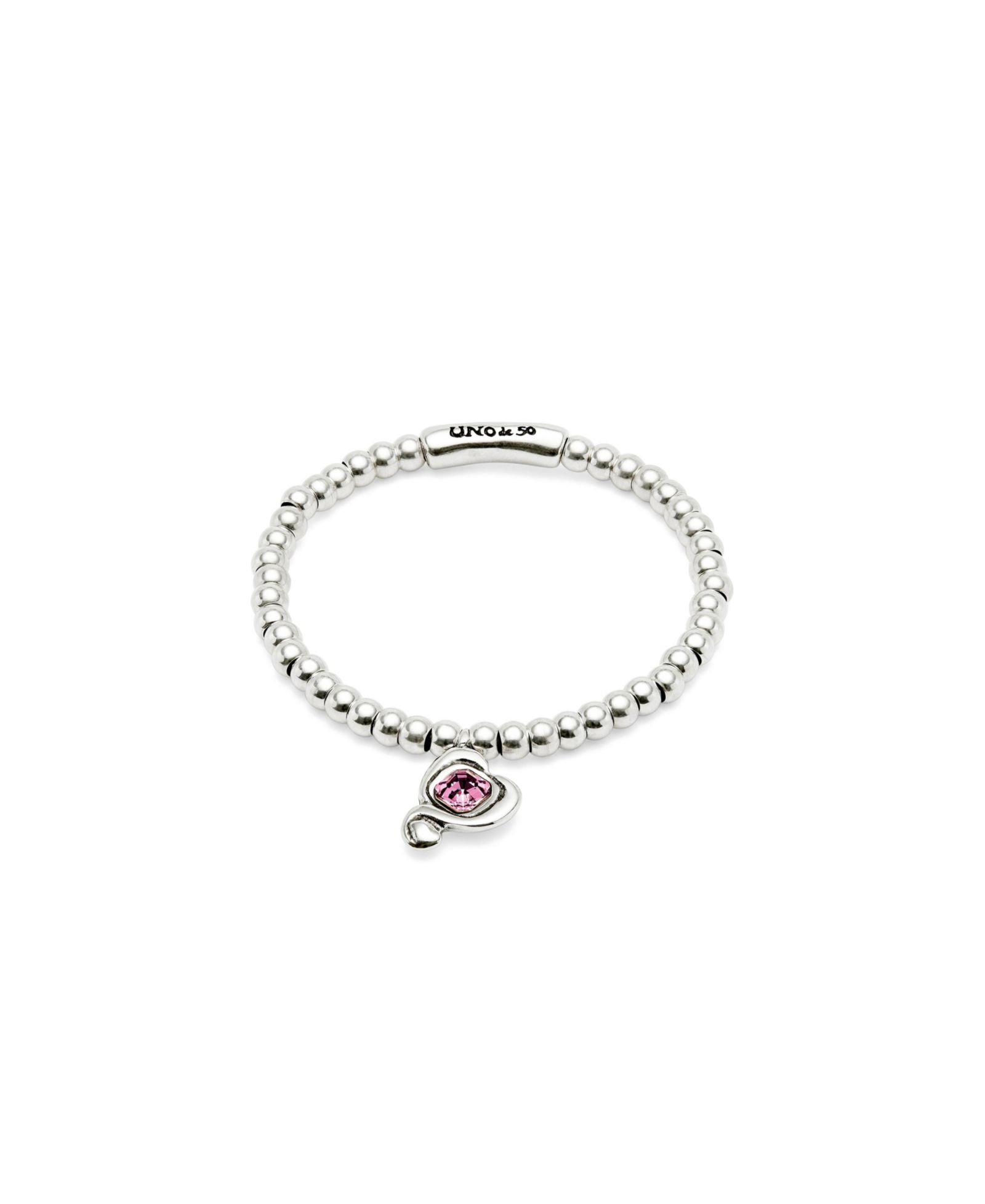 Браслет UNOde50 Silver Beaded and Pink Crystal Heart Stretch