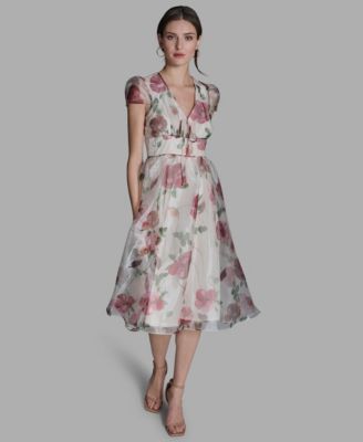 BCBG Women's V-Neck Organza Floral Fit-and-Flare Midi Dress