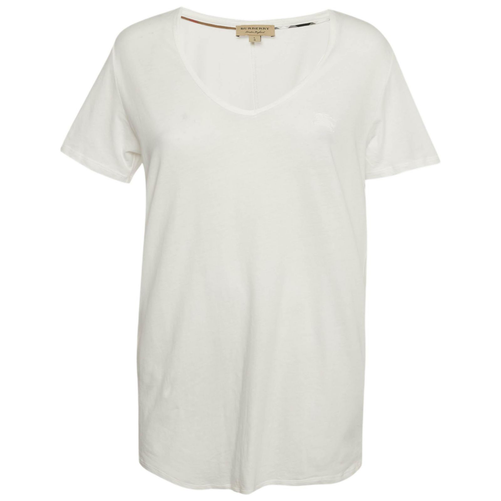 Pre-Owned Burberry Women's White Logo Embroidered Cotton V-Neck T-Shirt