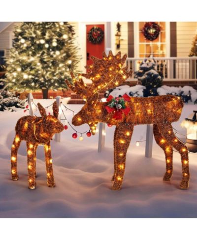 2 PCS Lighted Moose Family Light-up Xmas Deer Decorations with 170
