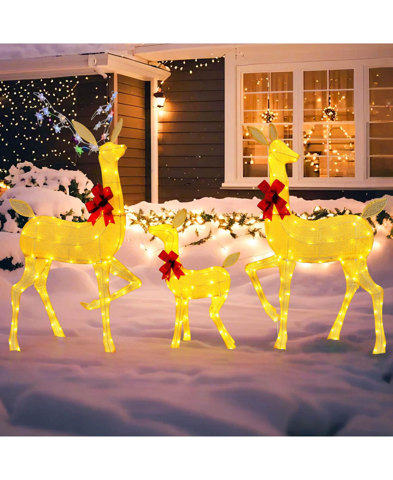 3 PCS Lighted Family Deer Set with LED Lights RGB Flashing 12 Ground