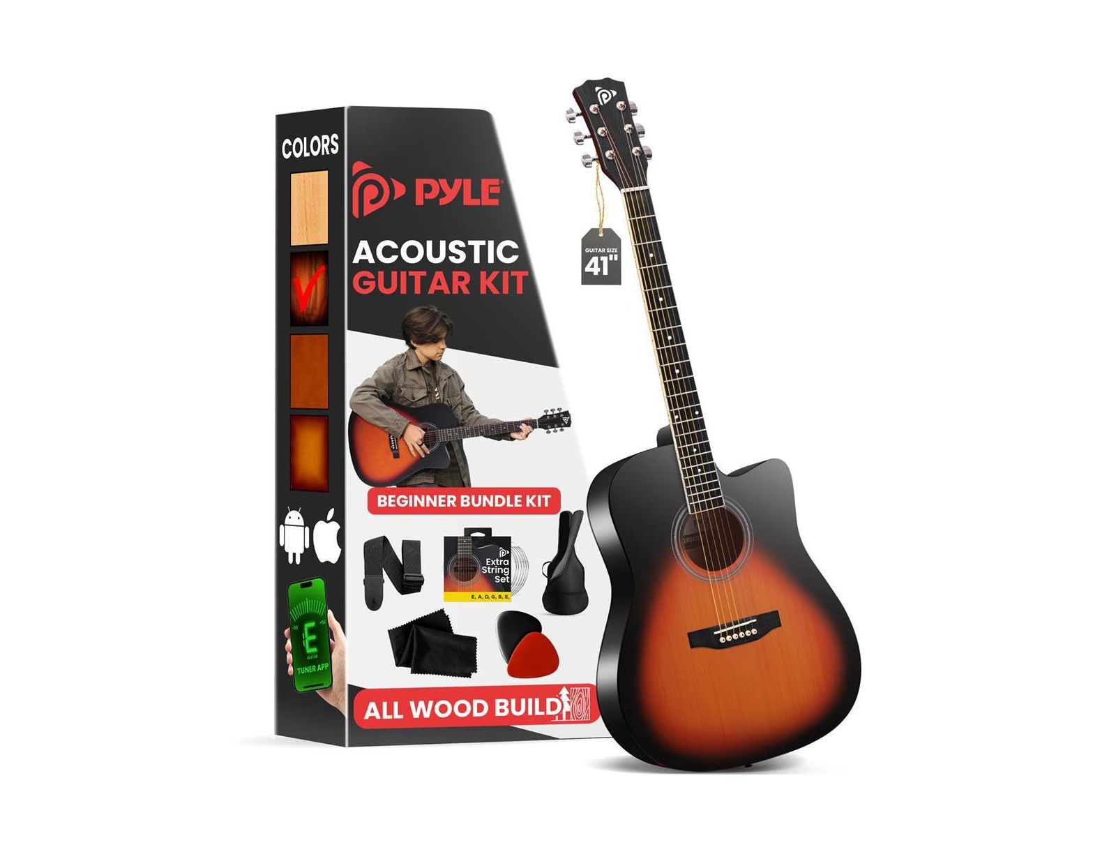 Pyle Easy Play 41" Cutaway Acoustic Guitar with Digital Tuner, Guitar Kit, Ages 11+