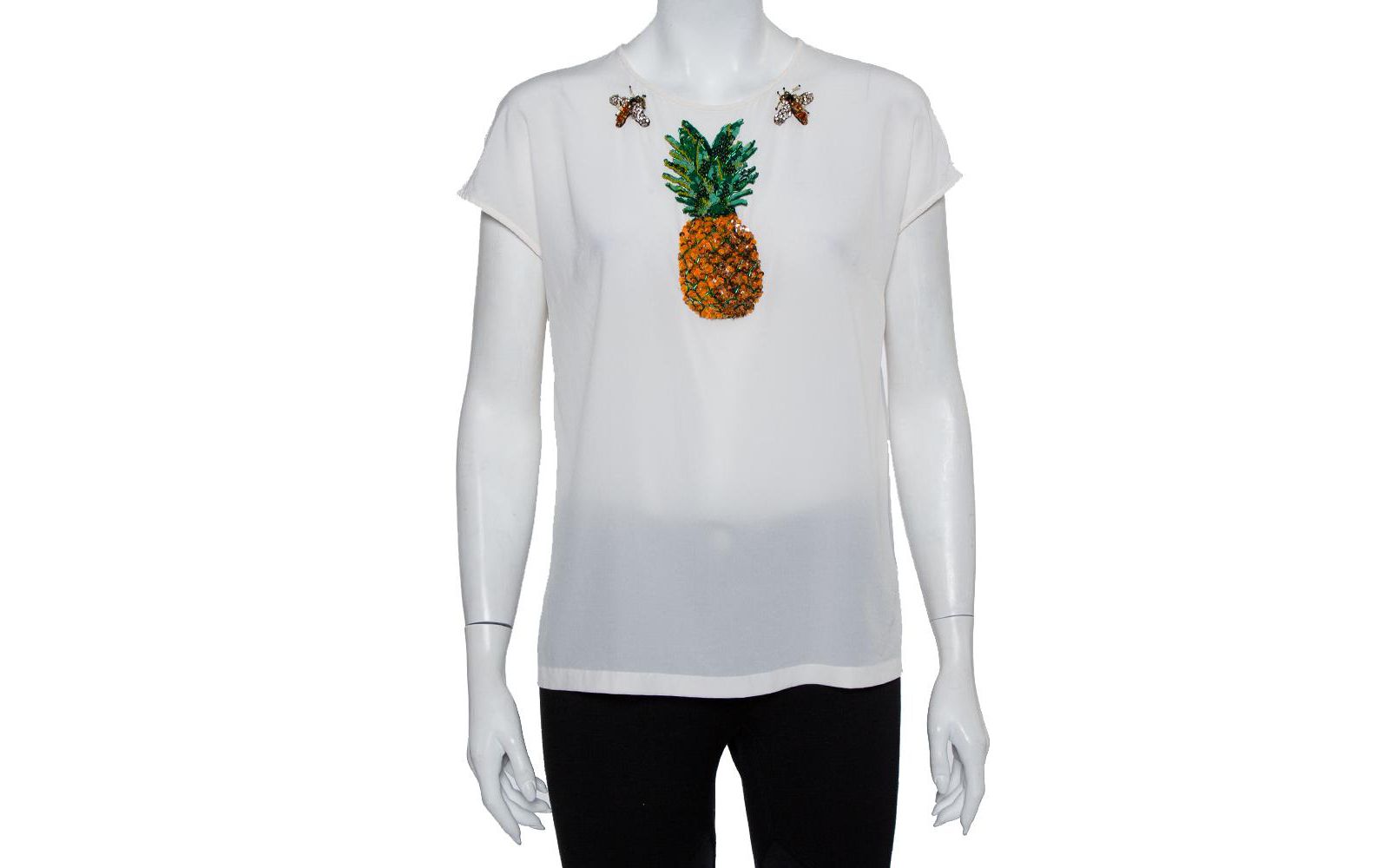 Pre-Owned Dolce & Gabbana Women's Black And Beige Dice Key Printed Silk Short Sleeve Top