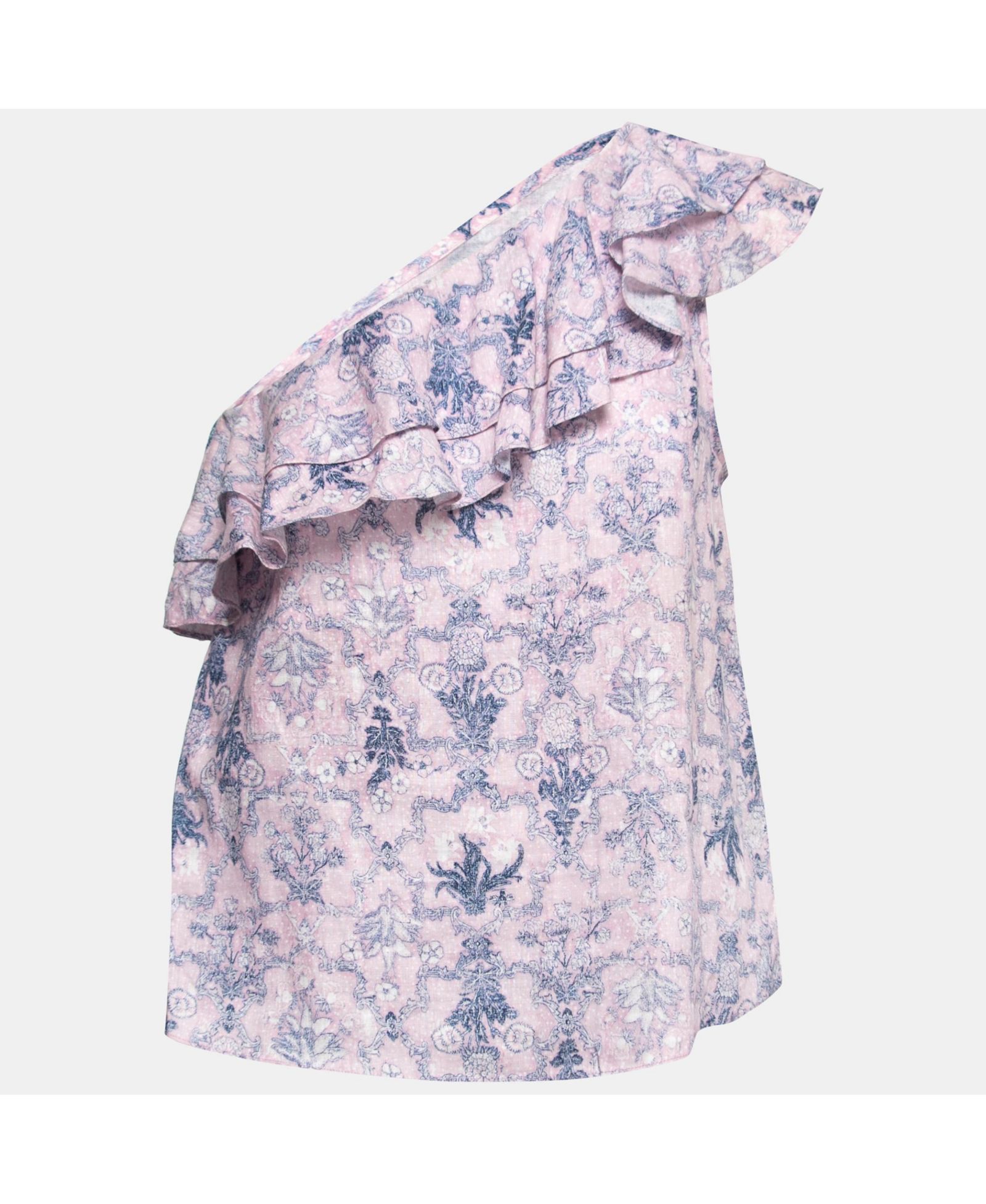 Pre-Owned Isabel Marant Women's Etoile Pink Printed Linen One-Shoulder Ruffled Top