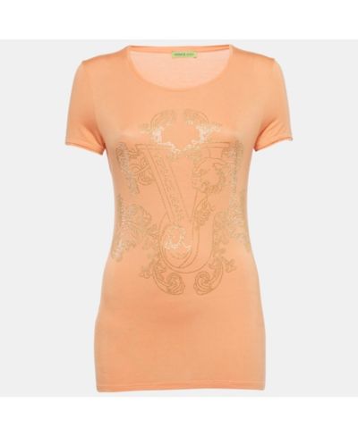 Pre-Owned Versace Women's Jeans Orange Studded Jersey T-Shirt