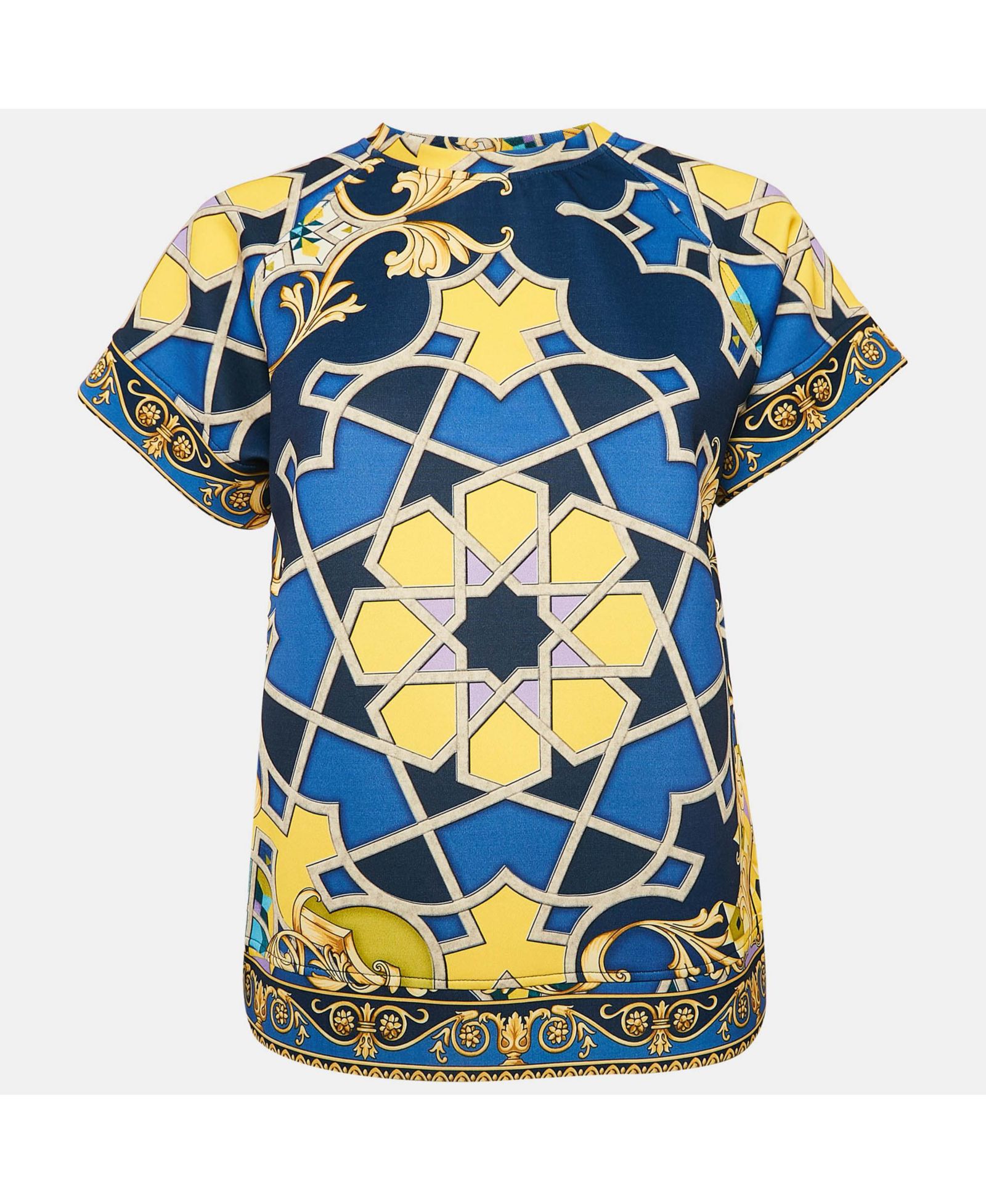 Pre-Owned Versace Women's Collection Navy Blue Printed Jersey Neoprene T-Shirt