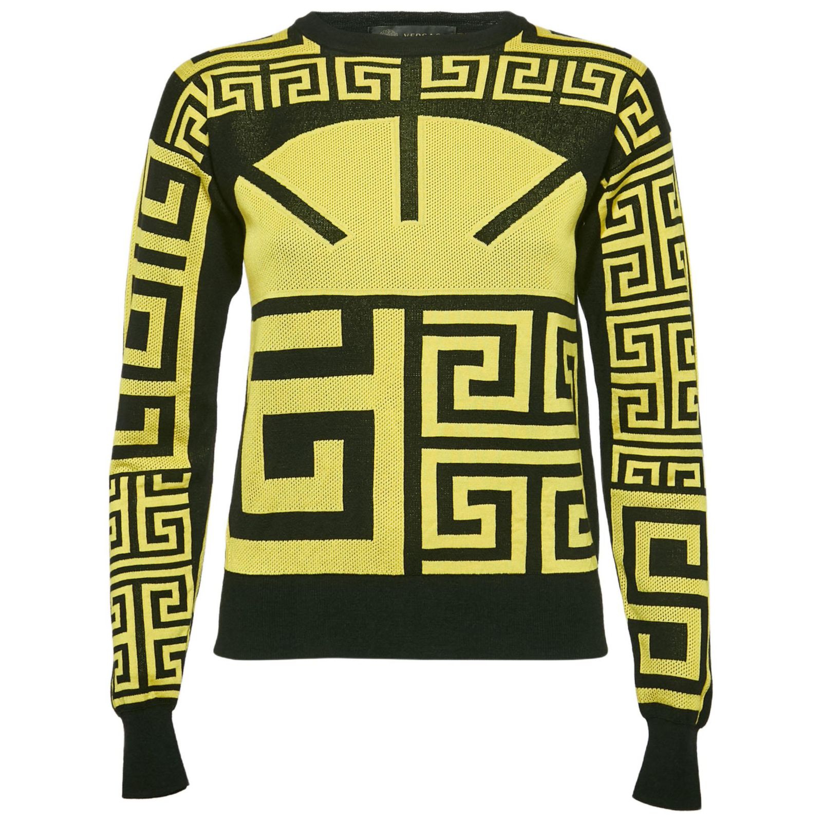Pre-Owned Versace Women's Black/yellow Greca Pattern Jersey Crewneck Sweatshirt