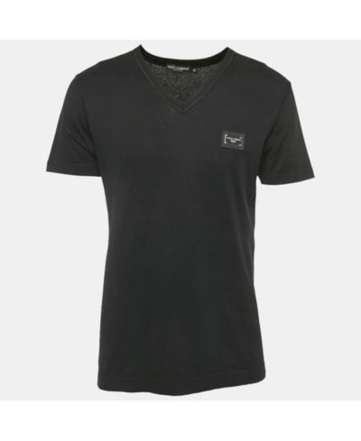 Мужская футболка Pre-Owned Dolce & Gabbana Black Cotton Logo Plaque Detail V-Neck
