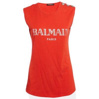 Pre-Owned Balmain Женская трикотажная футболка без рукавов с оранжевым принтом логотипа и пуговицами