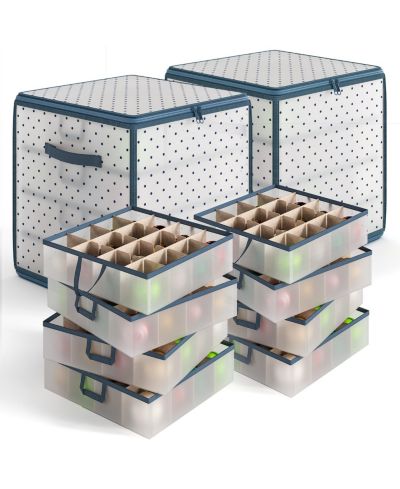 Christmas Ornament Storage Box With 4 Inner Tray Dividers - Plastic Ornament Storage Container For 64 Holiday Ornaments or Decorations - 2 Pack