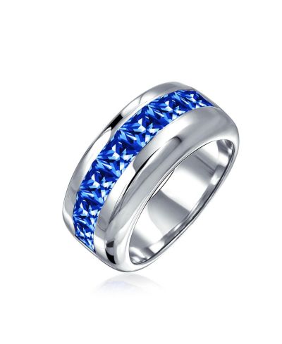 Обручальное кольцо Bling Jewelry Channel Set Sapphire Blue CZ Cubic Zirconia из стерлингового серебра 9MM
