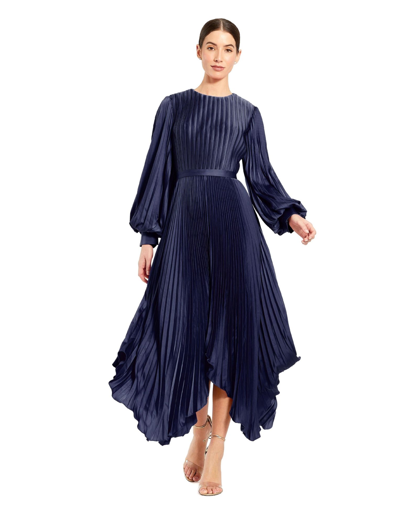 Mac Duggal Women's Long Sleeve Pleated Charmeuse Handkerchief Dress