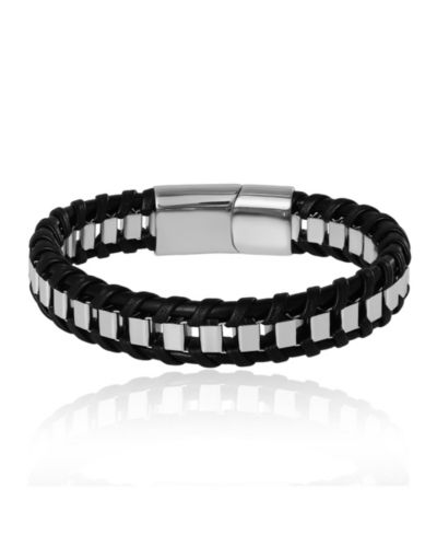 Lucky Brand Men’s Woven Leather & Stainless Link Bracelet, Magnetic Clasp - 8.5''