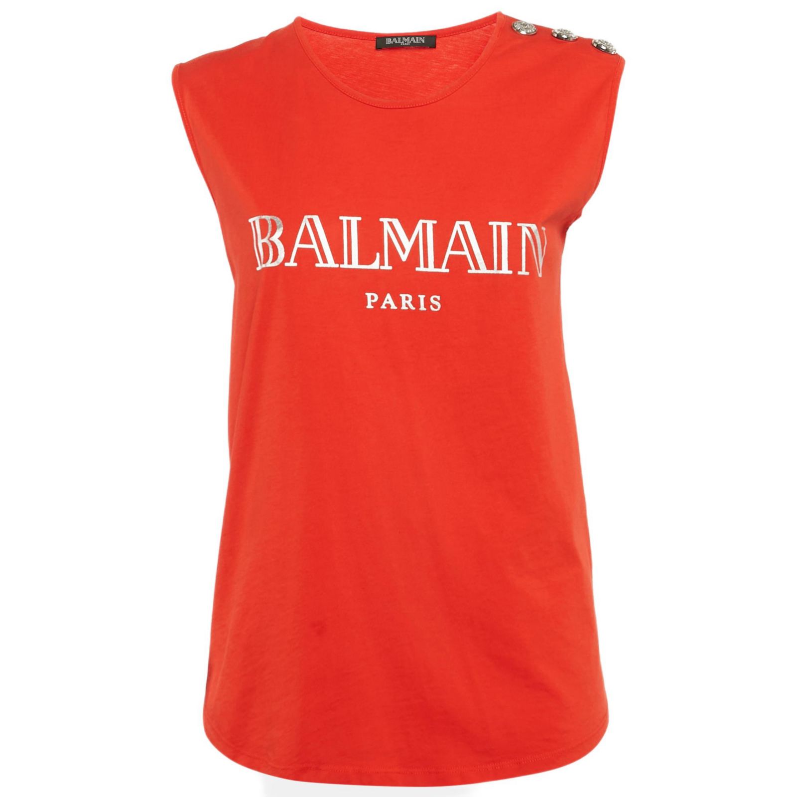 Pre-Owned Balmain Women's Red Logo Print Cotton Knit Button Front Sleeveless