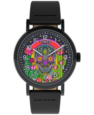 Timex Мужские кварцевые аналоговые часы из черной кожи, 40mm