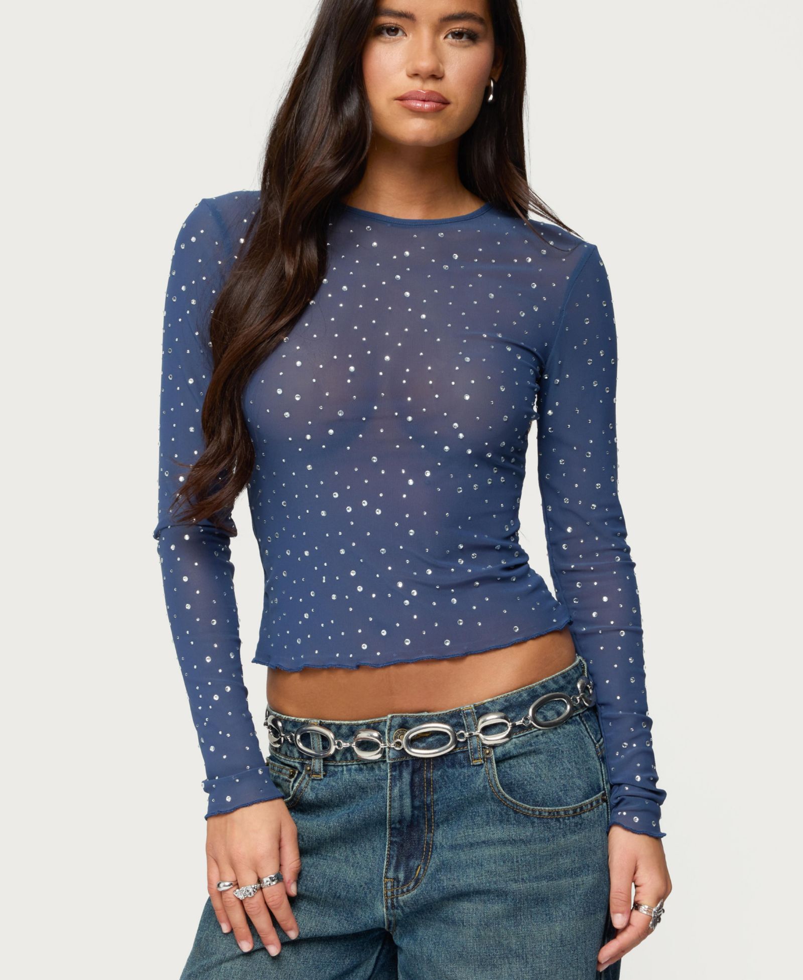 Edikted Women's Anari Rhinestone Mesh Top