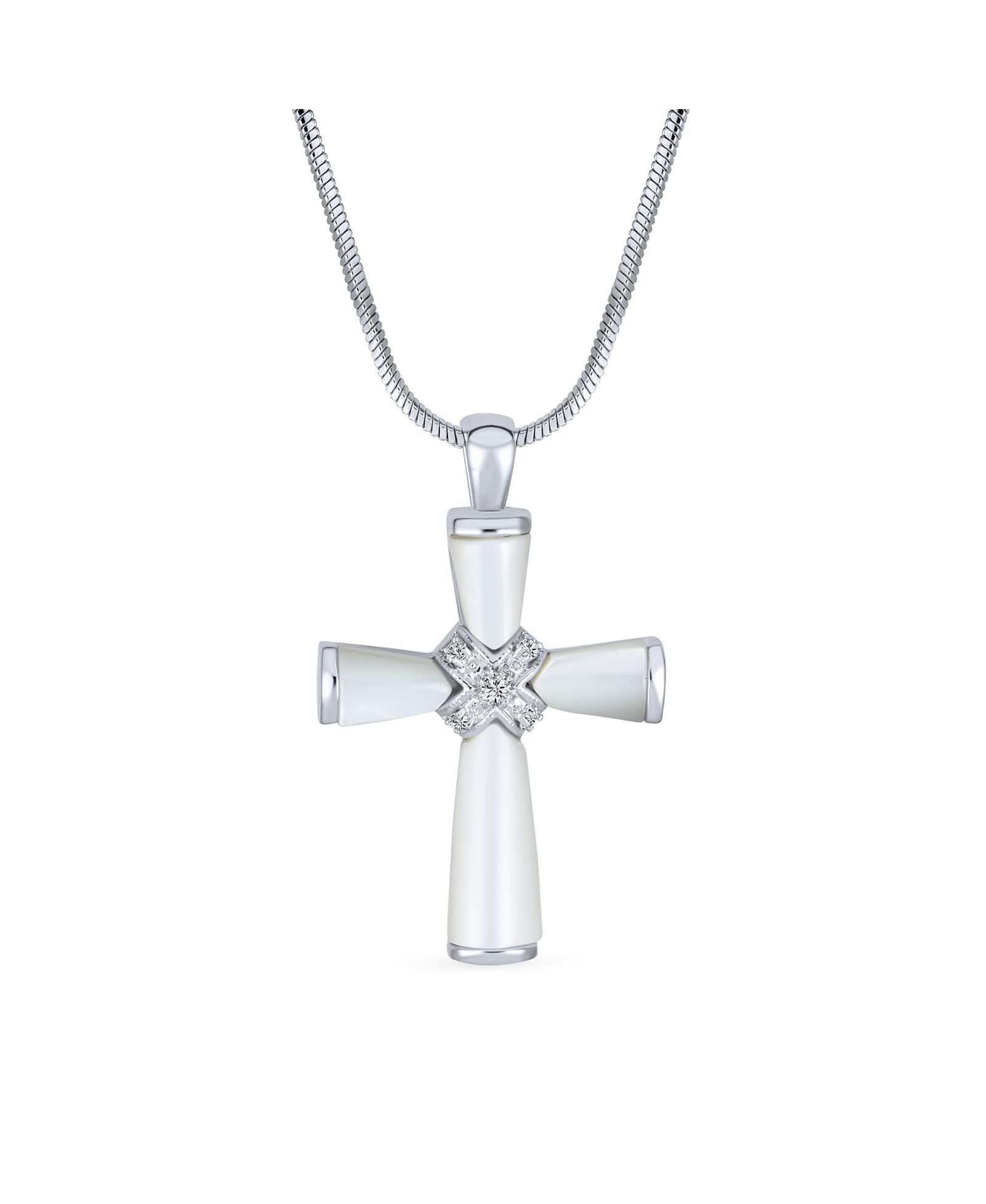 Bling Jewelry White Mother of Pearl Cross Pendant Necklace