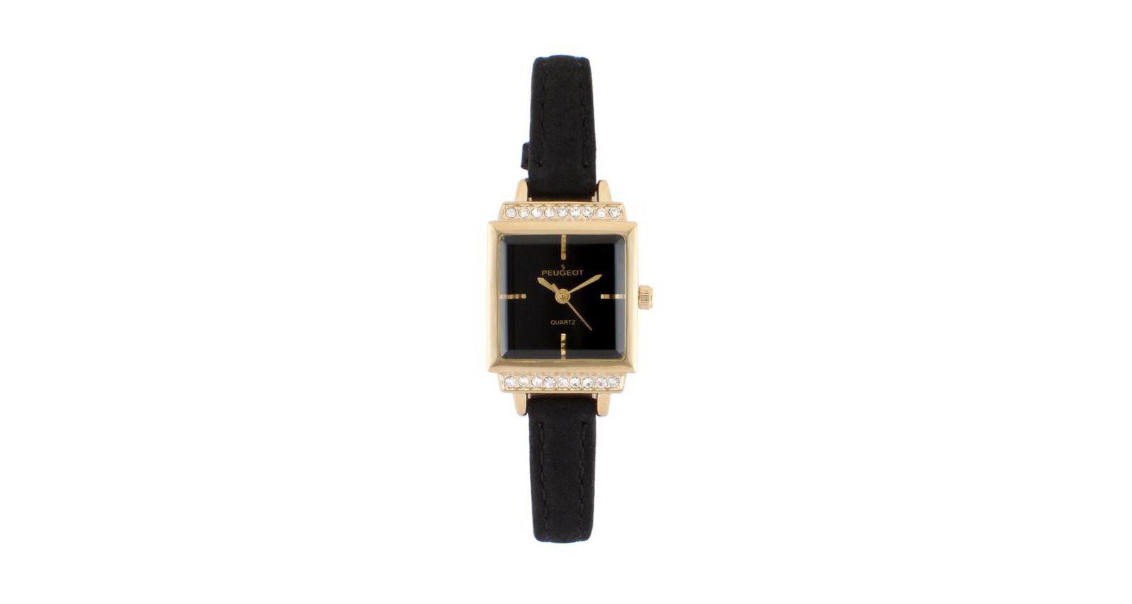 Peugeot Women's 22mm Gold Crystal Watch With Black Dial and Tan Strap