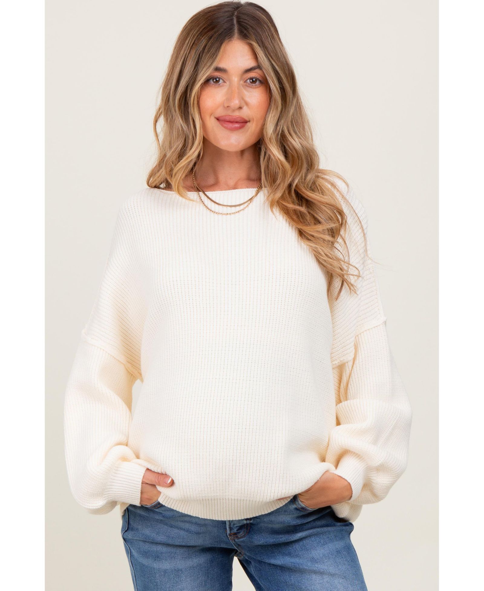 Pinkblush Women's Cream Balloon Sleeve Boat Neck Knit Sweater