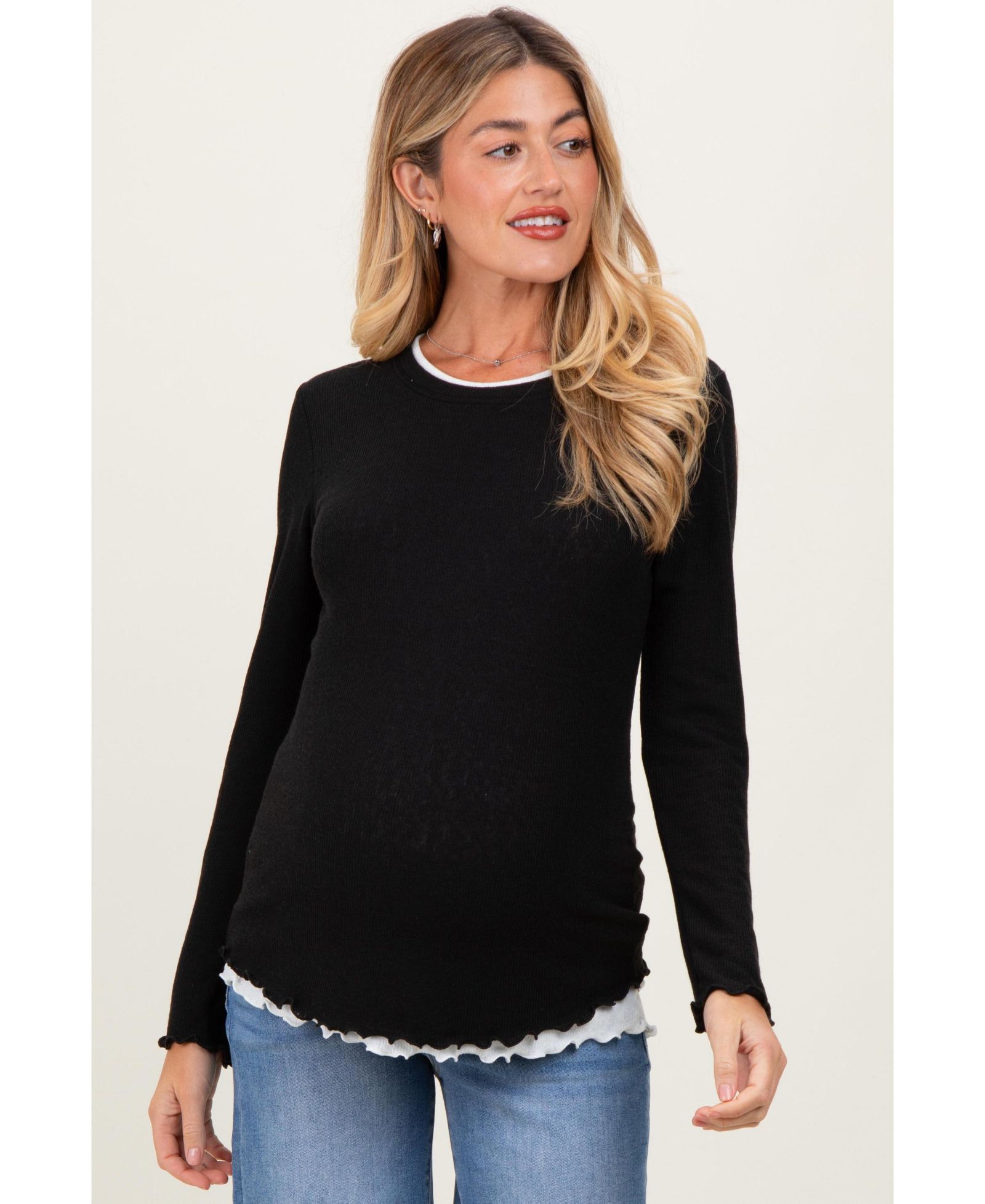 Pinkblush Женский топ Twofer в рубчик с длинным рукавом, Black/White