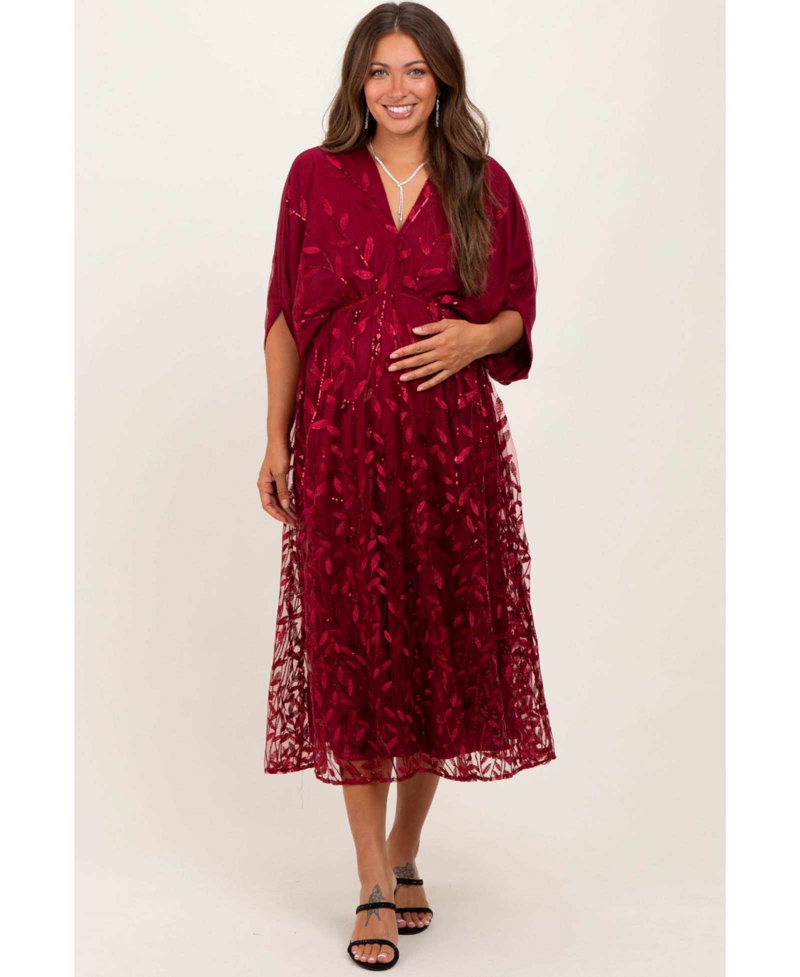 Женское миди-платье Pinkblush Burgundy Embroidered Tulle Dolman V-Neck