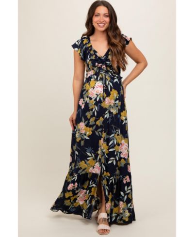 Pinkblush Women's Navy Floral Smocked Cinched Top Maxi Dress