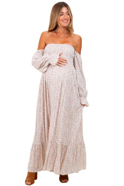 Pinkblush Women's Cream Floral Smocked Off Shoulder Maxi Dress