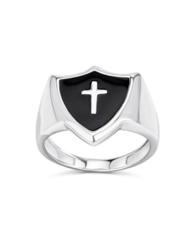Bling Jewelry Religious Shield Design Cross Signet Ring Black Onyx Inlay .925 Sterling Silver
