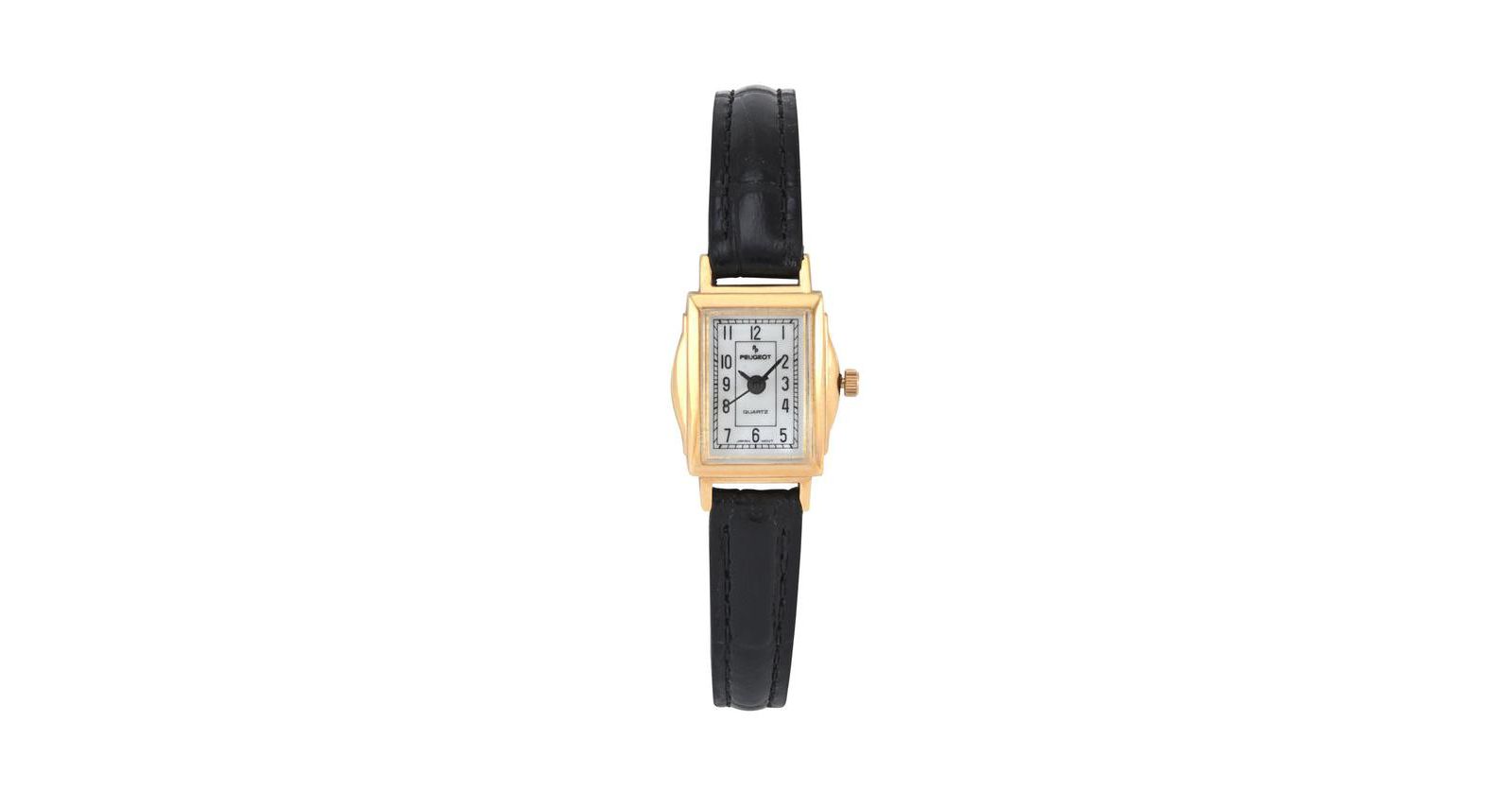Peugeot Women's Vintage 14K Gold-Plated Rectangular Small Face Watch with Leather Strap