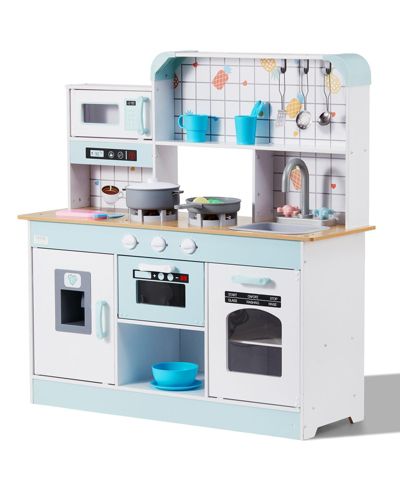 Mecale Wooden Play Kitchen for Kids, Toy Kitchen Set with Lights & Sounds, Ice Maker, Oven, Sink, Microwave, Fridge & Accessories