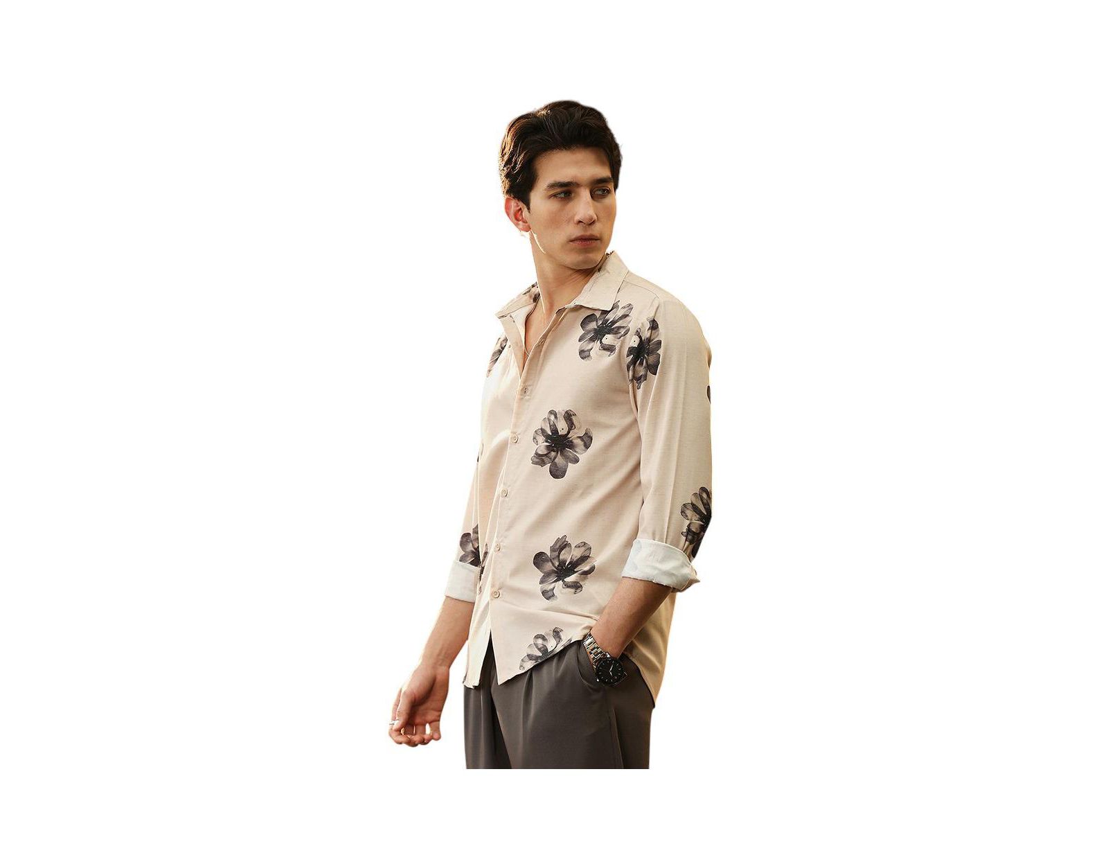 Campus Sutra Men's Ecru Beige & Midnight Black Withering Flora Imprint Shirt