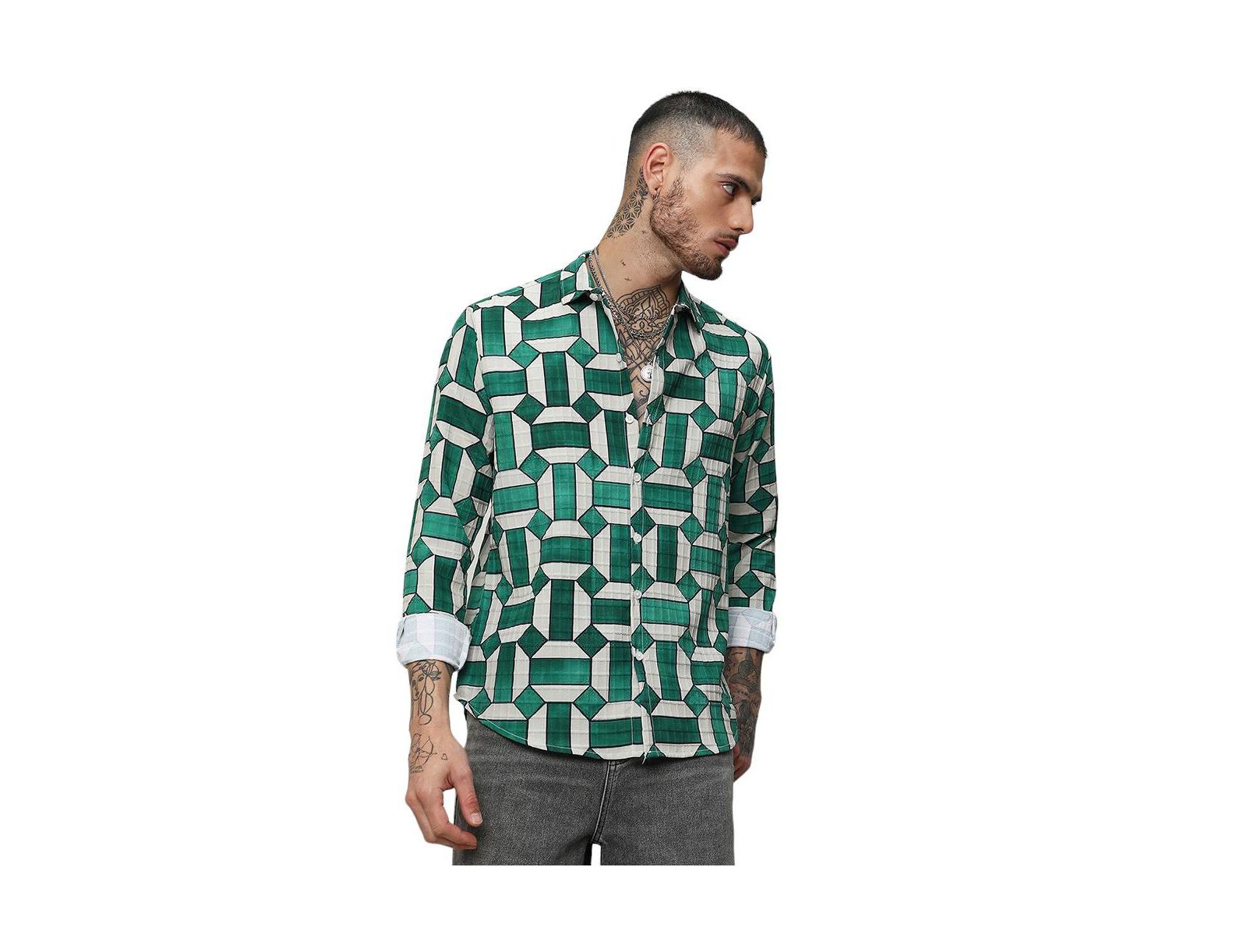 Campus Sutra Men's Emerald Green & Ivory White Contrast Block Shirt