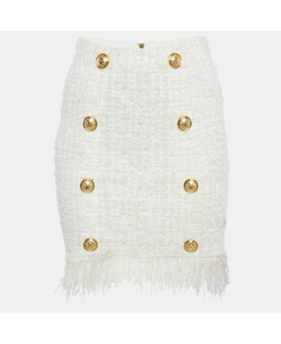 Pre-Owned Balmain Women's White Tweed Button Detail Pencil Skirt