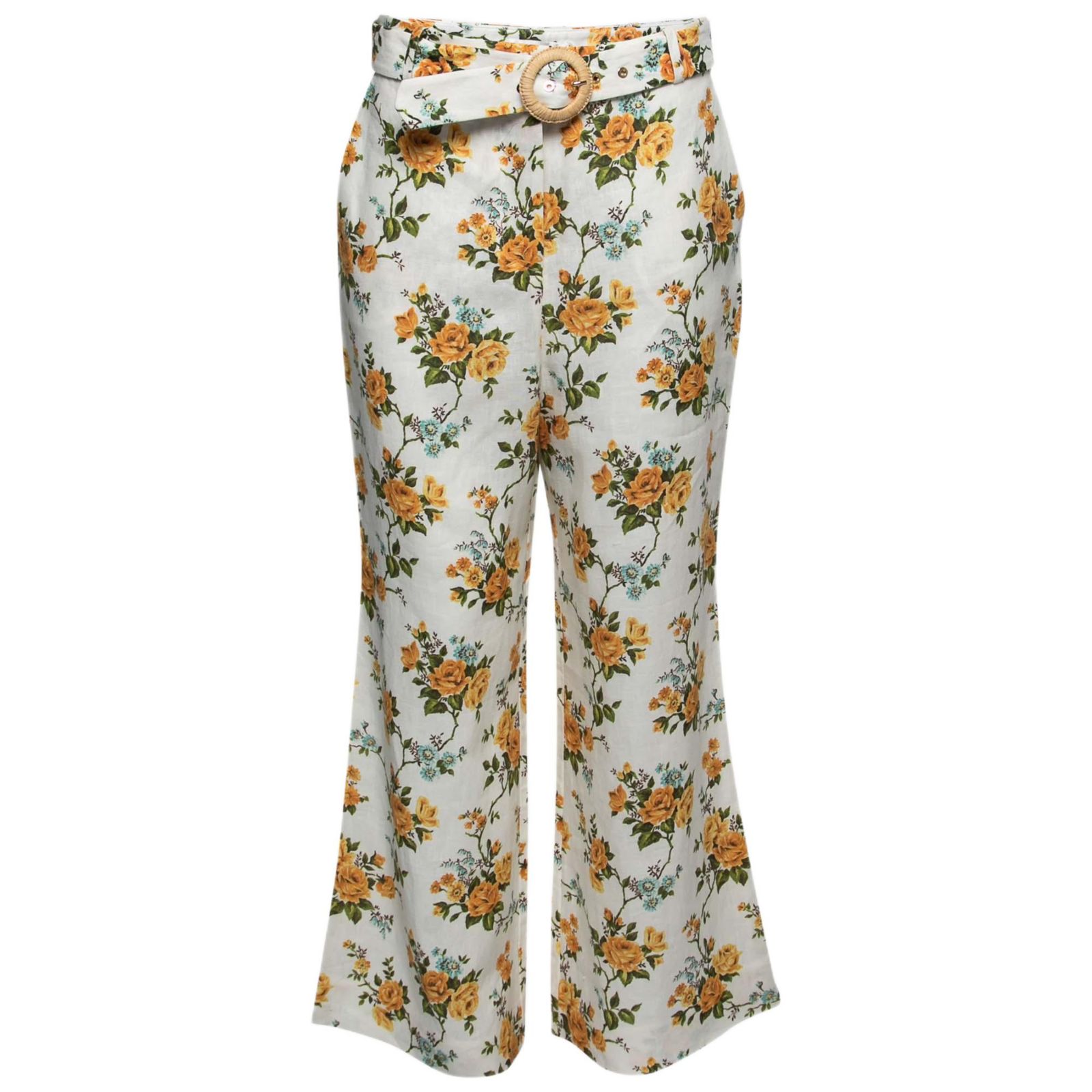 Pre-Owned Zimmermann Women's White Floral Printed Linen Belted Straight Pants