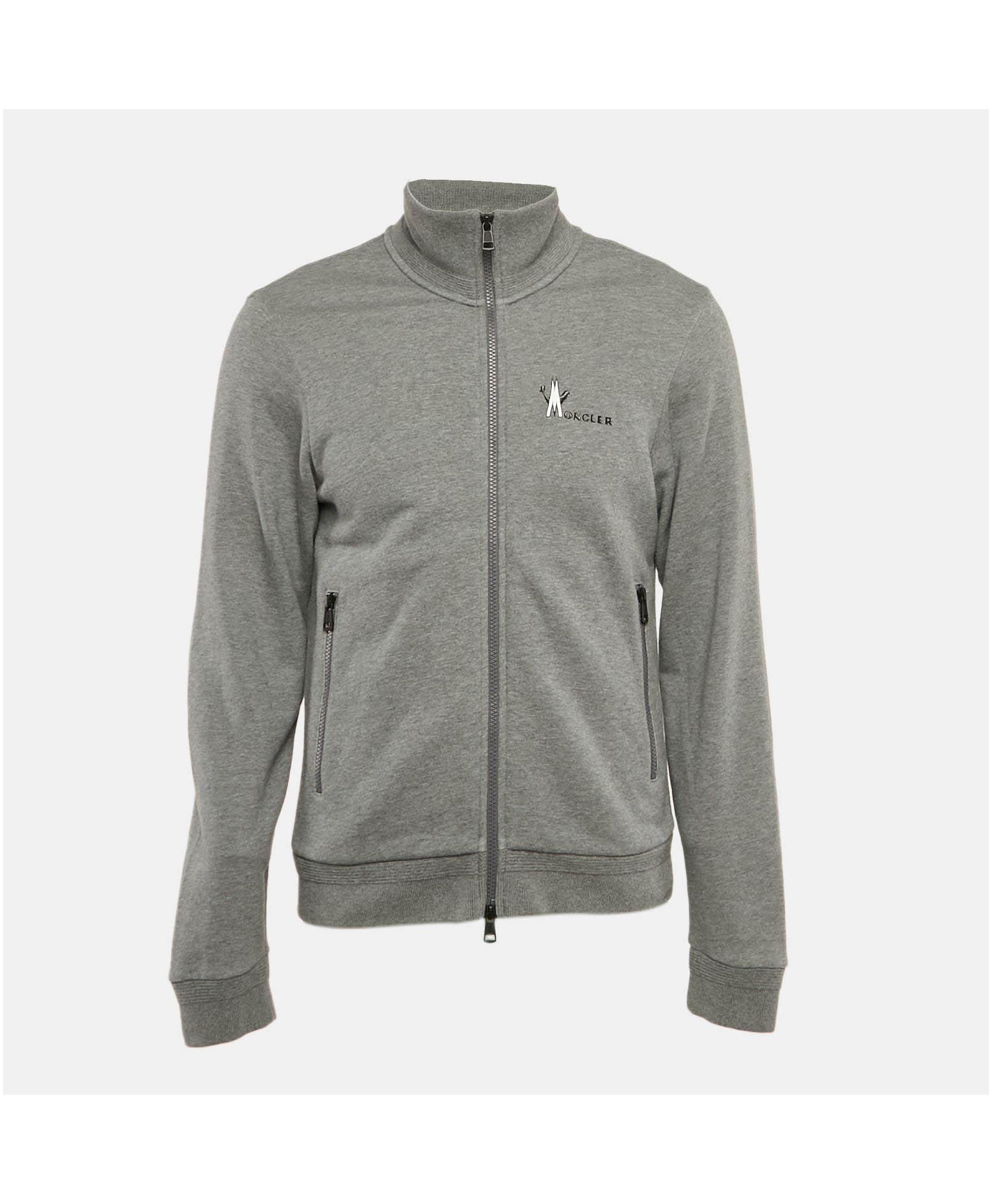 Pre-Owned Moncler Men's Grey Logo Print Cotton Knit Zip-Up Jacket