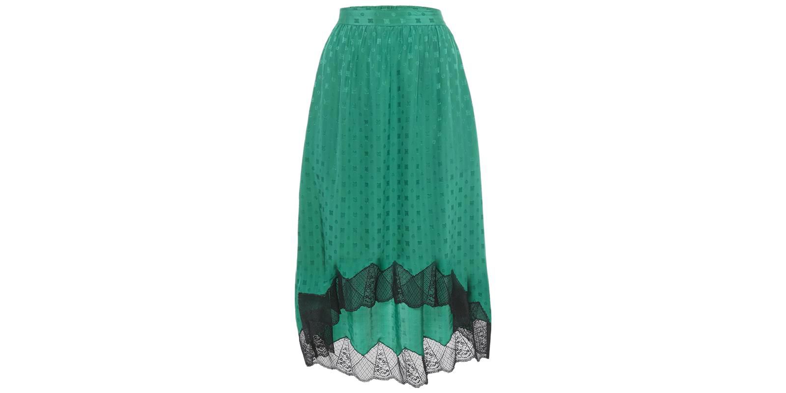Pre-Owned Zadig & Voltaire Women's Green Patterned Silk Lace Trim Joslin Midi Skirt